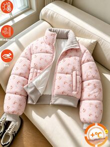 青少年女孩粉色花卉印花短版夾克冬季保暖外套 - 粉色 - 查看 5