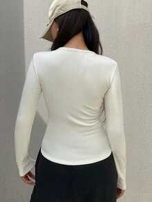 DAZY 女款保暖內裡修身純色T恤 - 米色 - 查看 2