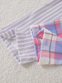 Girls Purple Solid Color Top + Plaid Long Pants Set, White Top With English Letter + Eyelash Print + Plaid Long Pants + Hair Scrunchie 4-Piece Set - Multicolor - View 6