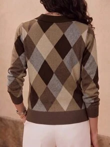 GlowEve CURVE Plus Size Women's Diamond Pattern Polo Collar Long Sleeve Casual Pullover Sweater Winter - Coffee Brown - View 2