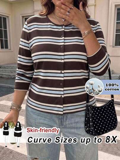 SHEIN CURVE+ 大尺碼 22W 女款酒紅色休閒條紋印花鈕扣開襟修身長袖T恤