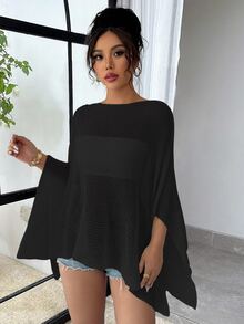 SHEIN Raffinéa 女款披肩式防曬上衣 春夏寬鬆休閒薄款針織上衣 - 黑色 - 查看 3