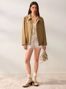 Willow Rêve Women's Camel Loose Suede Jacket, Zip Front, Collared Neck, Elastic Hem, Solid Color, Vintage Western Boho Casual Autumn Travel, Elegant Everyday - Khaki - View 6