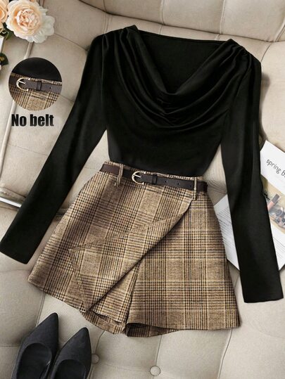 SHEIN Women's Cowl Neck Slim Fit Long Sleeve T-Shirt & Plaid Wool Skirt With Belt Casual 2-Piece Set, Autumn/Winter Holiday Outfit For Spring Festival, Christmas, Vacation, Y2K, Office, Commute, Country Style, Fashion, New Year, Wedding, Outing, Airport, Elegant Tailored Black Top & Plaid Skirt Casual Set