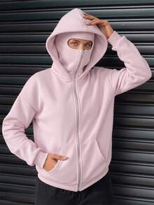 INAWLY Women's Casual Versatile Solid Color Hooded Sweatshirt, Autumn/Winter - Pink - View 5