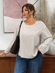 Lounesse Plus Size Women's Striped Design Fashion Round Neck Long Sleeve Blouse, Plus Size Design Fashion Commute Shirt, Apricot/White Striped Fabric Blouse - Apricot - View 5