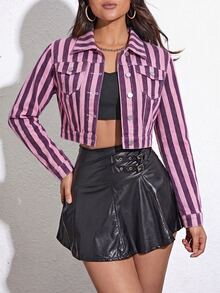 Jeanoix Autumn Casual Striped Cropped Denim Jacket - Multicolor - View 1