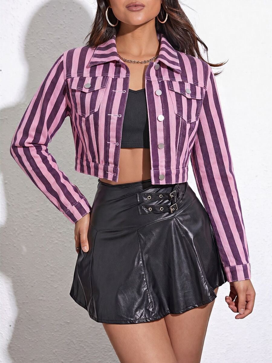 Jeanoix Autumn Casual Striped Cropped Denim Jacket - Multicolor - View 1