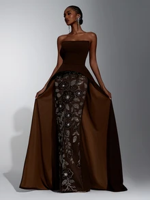 Elitara فستان سهرة أنيق باللون البني القهوي مع تطريز ترتر وتصميم باتشوورك محبوك بدون حمالات، كورسيه 2 في 1 بقصة A-Line وطول أرضي مع ذيل، فستان رسمي لضيوف الزفاف والحفلات الراقصة - بني - مشاهدة 1