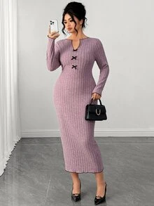 SHEIN Elenzya Plus Size Sexy Elegant Knit Bodycon Ribbed Long Sleeve Bow Collar Contrast Color Dress Fall - Pink - View 3