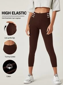 SHEIN BASICS 女款純色透氣七分緊身褲 夏季健身運動休閒穿搭 深棕色 - 棕色 - 查看 6
