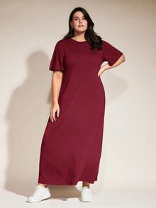 SHEIN BASICS 大尺碼純色T恤洋裝 女款夏季洋裝 女款夏季穿搭 優雅寬鬆洋裝 度假婚禮賓客穿搭 酒紅色 - 酒紅色 - 查看 7