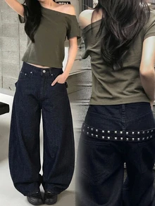 DAZY Women's Washed Heavy-Duty Korean Style Loose Fit Jeans - Dark Wash - View 1
