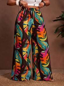 Veslaya Plus Size Tropical Plant Print Loose Wide Leg Pants Fall - Multicolor - View 4