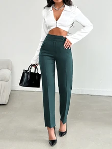 SHEIN Tall Women's Solid Color Button Front Pocket Casual Long Pants - Dark Green - View 3