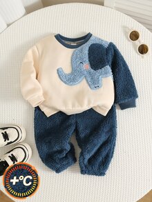 SHEIN 男女嬰兒/幼兒 2件組 秋冬加厚抓絨內裡休閒可愛拼色大象圖案運動衫套裝，嬰兒冬季服飾，運動服 - 藏蓝色 - 查看 3
