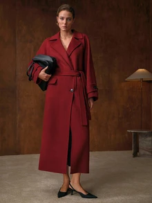 MOTF PREMIUM WOMEN'S WOOL LAPEL ELEGANT BACK SLIT LONG DOUBLE-FACED COAT, AUTUMN/WINTER - Burgundy - View 5
