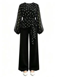 GlowEve CURVE Plus Size Women's Polka Dot Lantern Sleeve Top And Wide Leg Pants Casual 2 Pieces Set - Black - View 7