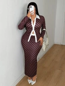 Maweii Set Atasan Kancing Kerah Polkadot Ukuran Besar dan Rok Polkadot Belahan Belakang, Busana Elegan Serbaguna untuk Komuter, Set Pakaian Dalam Musim Gugur/Dingin - Coklat - View 1