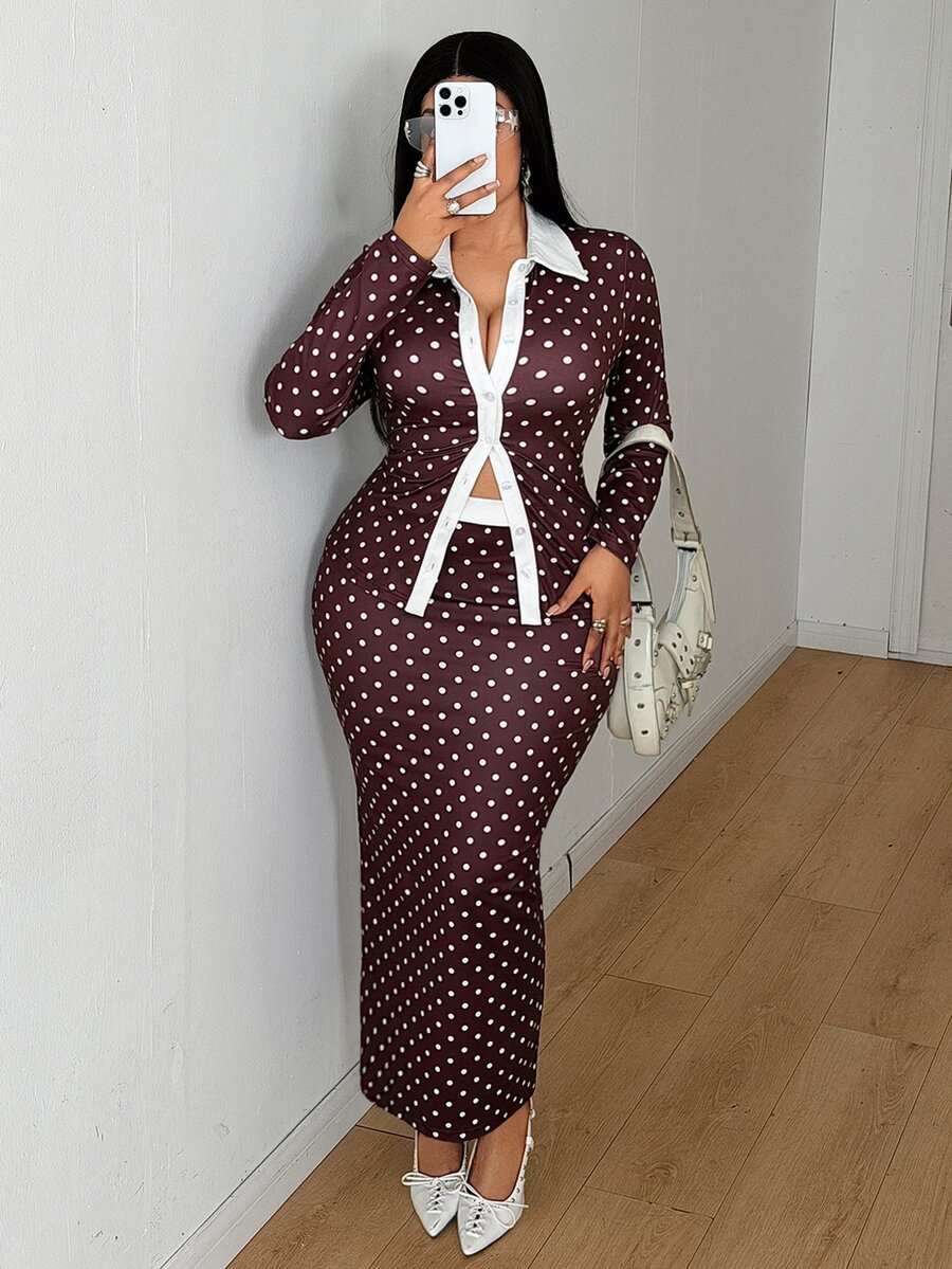 Maweii Set Atasan Kancing Kerah Polkadot Ukuran Besar dan Rok Polkadot Belahan Belakang, Busana Elegan Serbaguna untuk Komuter, Set Pakaian Dalam Musim Gugur/Dingin - Coklat - View 1