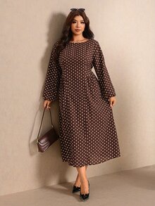 Elaquor Plus Size Women's Polka Dot Casual Party Dress - Brown - View 1