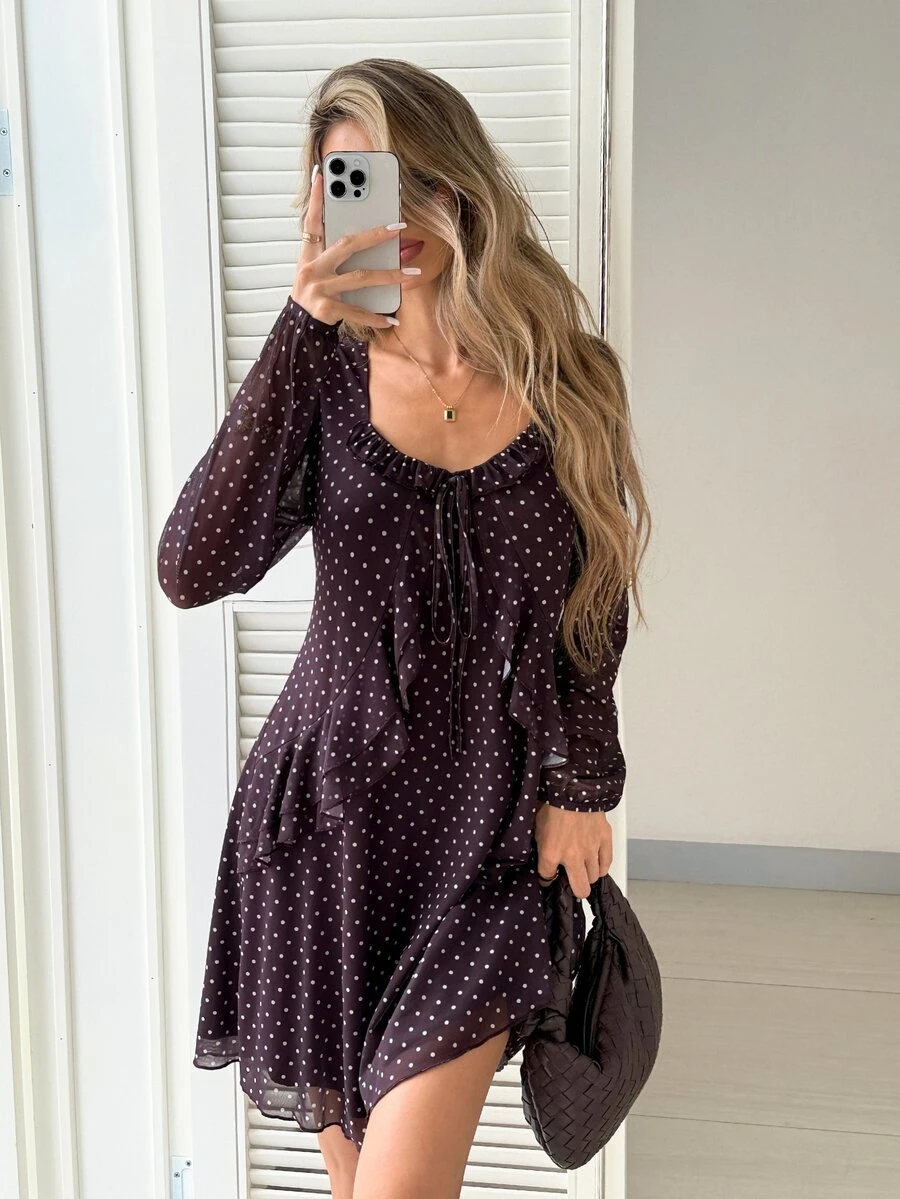 Serisse Women's Polka Dot Print Front Tie Long Sleeve Patchwork Ruffle Elegant Dress - Multicolor - View 1