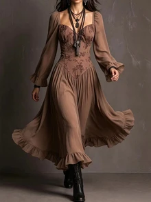 Glimmora Gaun Panjang Polos Bergaya Vintage untuk Wanita Musim Gugur/Dingin, dengan Hiasan Ruffle di Bagian Bawah dan Tali Jala di Belakang. - Coklat - View 5