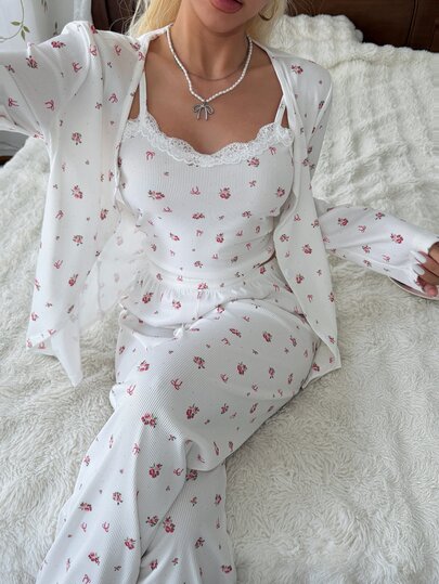 CottageSlumber Women's 3-Piece Pajama Set, Knitted Ribbed Fabric With Ditsy Floral Bow Print, Lace Trim, Romantic Sweet Fresh Cute Sexy Camisole, Long Pants And Cardigan, Wearable Outdoors, All Seasons