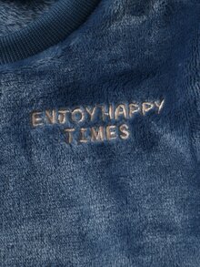 2pcs/Set Autumn/Winter Thickened Fleece Double-Sided Flannel Baby Boy Set, Deep Blue Plush, Exquisite Cute English Embroidery On Chest, Casual Minimalist Pullover Slightly Dropped Shoulder Long Sleeve Top And Long Pants, Home Wear, Winter Style - Blue - View 5