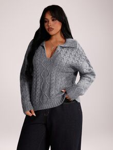 Rustia Plus Size Women Ribbed Texture Polo Collar Long Sleeve Pullover Sweater, Autumn/Winter Back To School Season - Grey - View 2