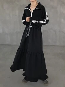 FRIFUL Women's Side Stripe Zipper Placket Drawstring Waist Casual Long Dress Fall - Black - View 3