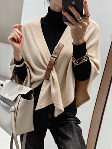 Selianne Jaket Cape Wanita Warna Polos dengan Kancing Depan, Musim Gugur/Dingin - Aprikot - View 3