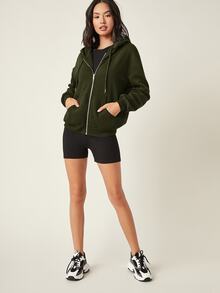 SHEIN BASICS 舒適抓絨落肩拉鍊連帽衛衣，秋冬長袖上衣 - 軍綠色 - 查看 7