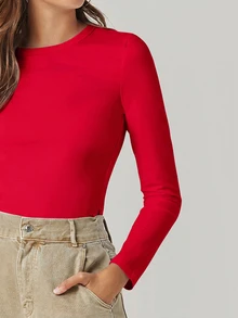 SHEIN BASICS 女款休閒百搭純色修身長袖T恤上衣 白色 - 紅色 - 查看 6
