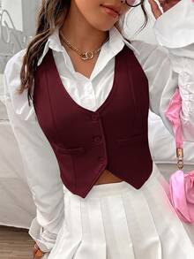 SHEIN EZwear 秋冬款鈕扣前開式背心（不含襯衫） - 酒紅色 - 查看 1
