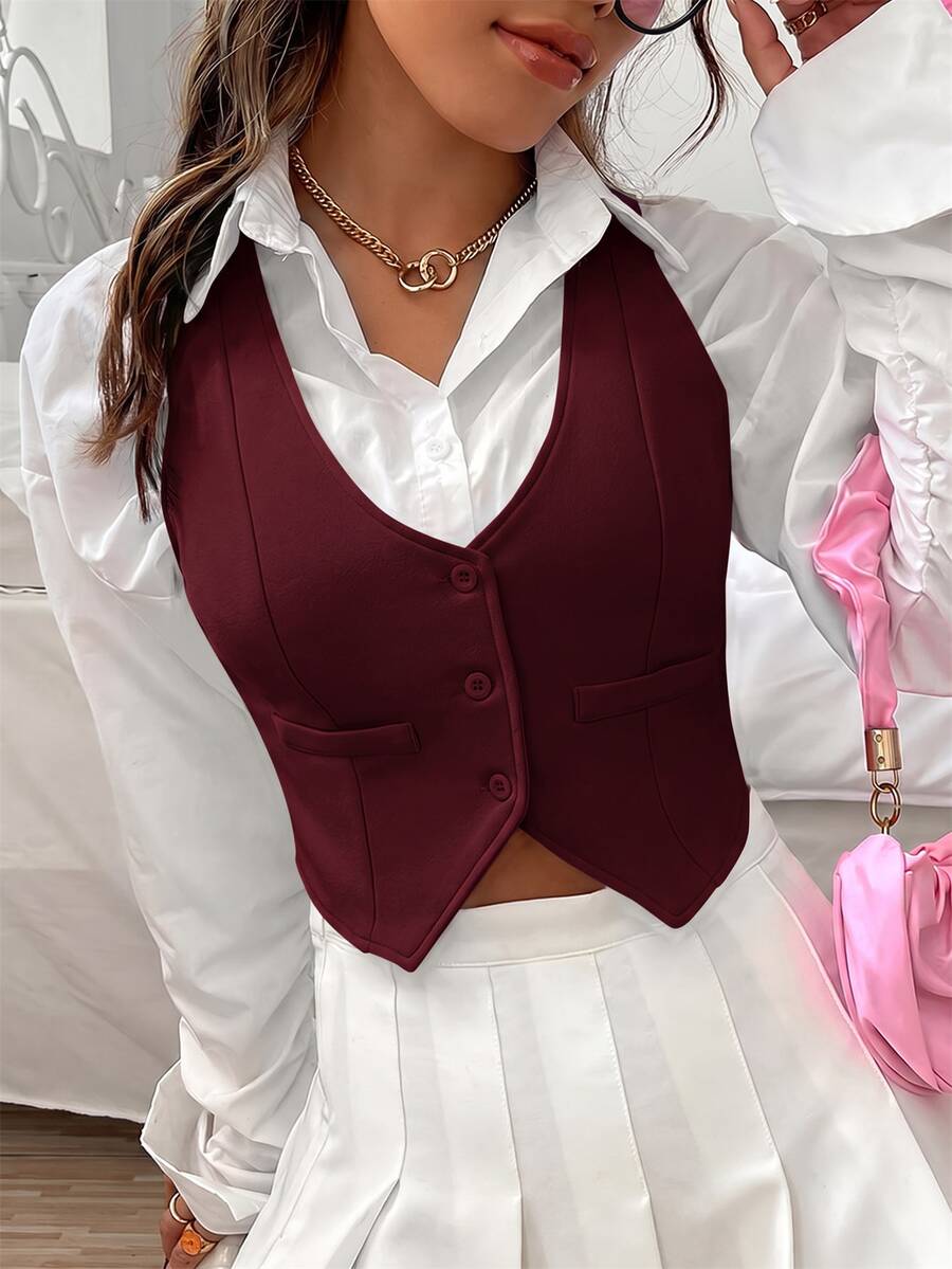 SHEIN EZwear 秋冬款鈕扣前開式背心(不含襯衫) - 酒紅色 - 查看 1