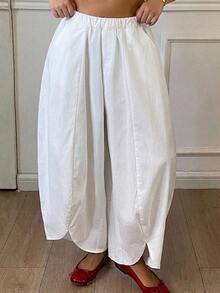Dazy Plus All White Elastic Waist Petal Cuff Loose Harem Pants, Casual Cargo Cropped Length Denim Jeans For Girls, Vacation Style Fall Going Out - White - View 6
