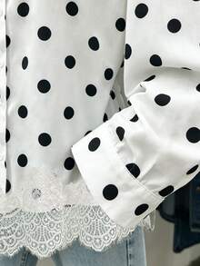 GlowEve CURVE Elegant Fashionable Versatile Collared Polka Dot Lace Patchwork Hem Blouse - White - View 3