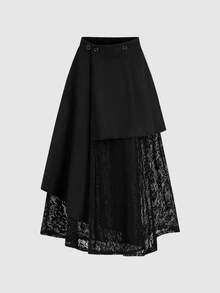 Sweetra Women's New Suede Fabric Contrast Lace Skirt With Asymmetrical Black Hem, One-Piece Button Adjustable Waist Design, Suitable For Dating, Shopping, Party, Dinner, Commuting, Campus Wear, Skirt - Black - View 1