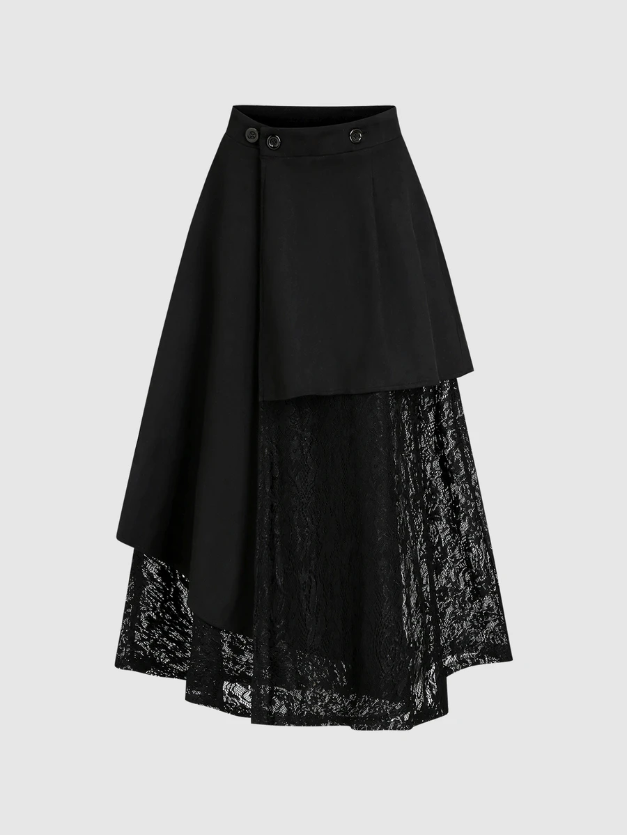 Sweetra Women's New Suede Fabric Contrast Lace Skirt With Asymmetrical Black Hem, One-Piece Button Adjustable Waist Design, Suitable For Dating, Shopping, Party, Dinner, Commuting, Campus Wear, Skirt - Black - View 1