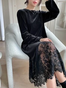 Dazy Tall Women's Round Neck Lace Patchwork Velvet Long Elegant Dress Fall - Black - View 2