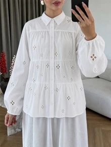 Modelyn 大尺碼長袖純色刺繡鈕扣休閒襯衫，秋季新款 - 白色 - 查看 1