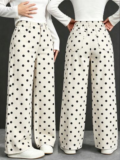 Teen Girls' Denim Jeans, All-Season, Soft Cotton, Casual, Fashionable, Versatile, Comfortable, Minimalist, Elastic Waist, Classic 5-Pocket Style, Large Polka Dot Print Fabric, Loose Straight Wide Leg Fit, Apricot Washed Denim Pants, Suitable For Daily Wear And Vacation