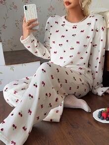 CottageSlumber Romantic Flannel Cherry Bow Print Round Neck Long Sleeve Pants Women's Pajama Set, Autumn/Winter - Multicolor - View 5