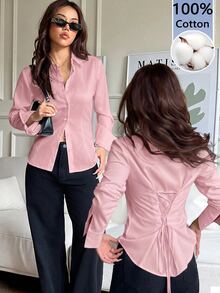 SHEIN EZwear 100%純棉粉色女款休閒百搭款前開鈕扣後收腰修身長袖襯衫，適合秋冬穿著 - 淺粉色 - 查看 5