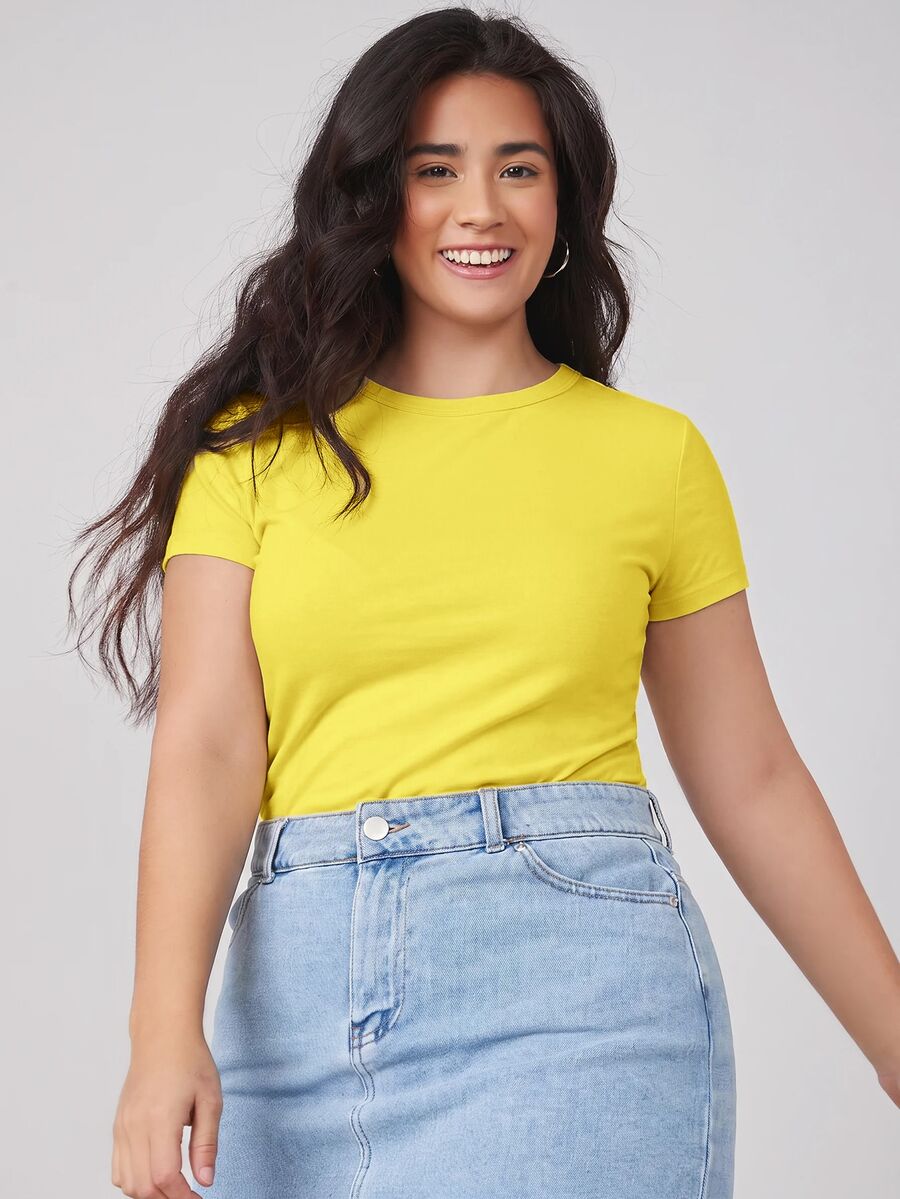 SHEIN BASICS Camiseta de Verano de Cuello Redondo Sólida Ajustada Talla Grande - amarillo ganso - Ver 1