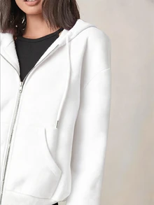 SHEIN BASICS 舒適抓絨落肩拉鍊連帽衛衣，秋冬長袖上衣 - 白色 - 查看 6
