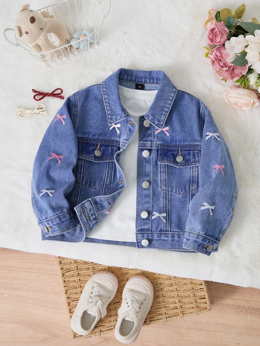 少女蝴蝶結刺繡圖案單排扣休閒日常牛仔夾克 牛仔女郎風 - 藍色 - 查看 1