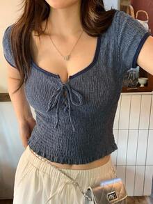 Dazy Plus Kaos Lengan Pendek Model Crop dengan Pinggang Berkerut Kasual untuk Anak Perempuan, Musim Semi, Musim Panas, dan Musim Gugur - Dusty Blue - View 3
