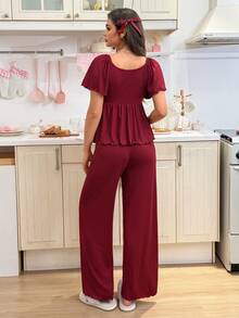 SweetSlumber Set Piyama Rajut Jacquard Wanita yang Manis & Imut, Dapat Dipakai Sebagai Pakaian Santai - Burgundy - View 2